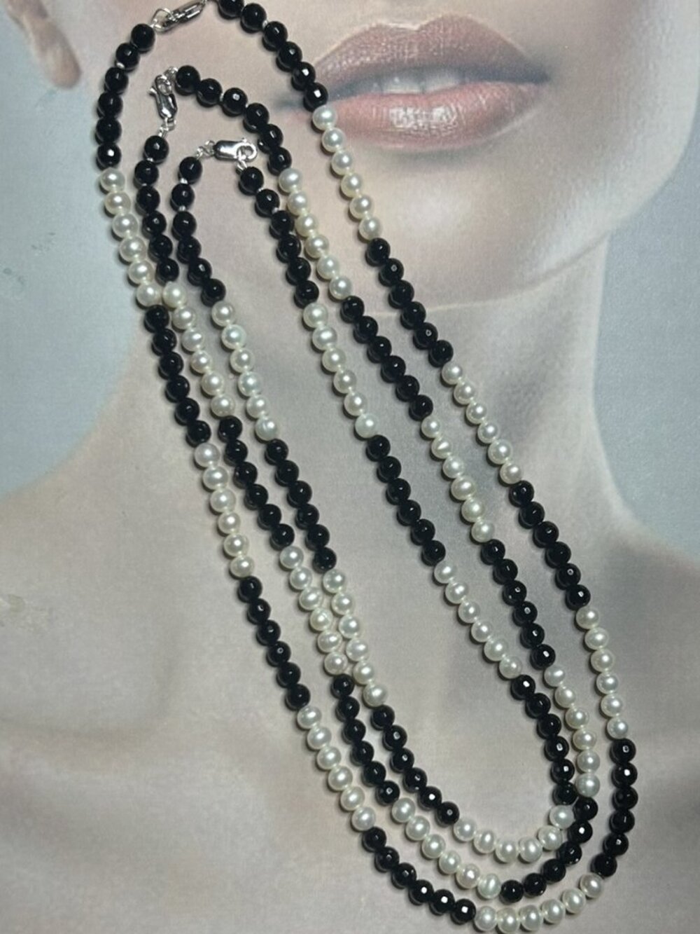 White Freshwater Pearls and Onyx Beads Necklaces.